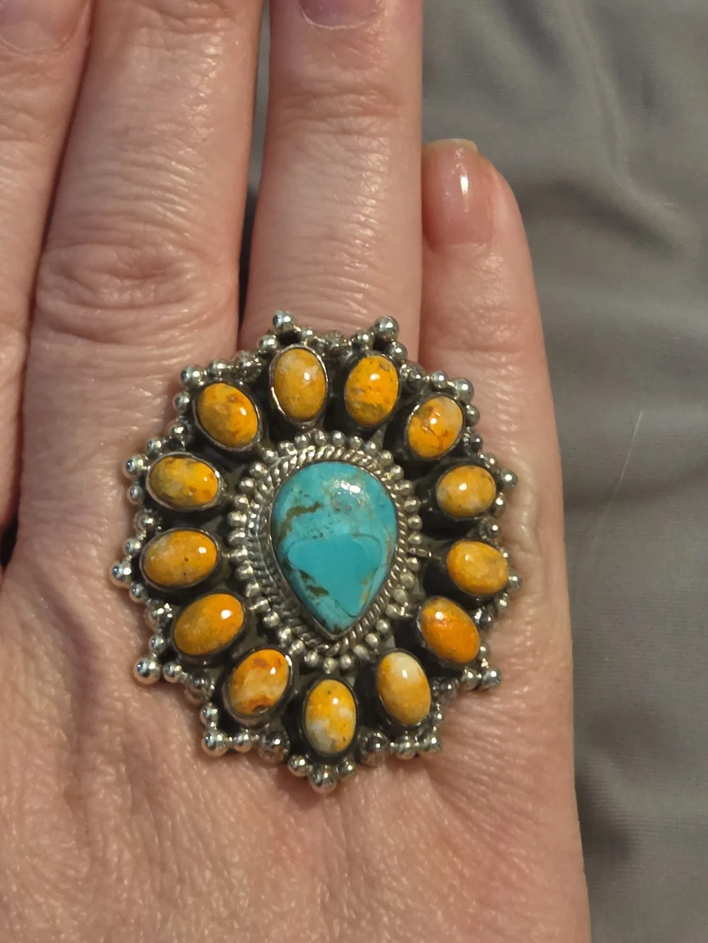 Sterling Silver Turquoise & Yellow Stone Sunburst Statement Ring - Women Jewelry